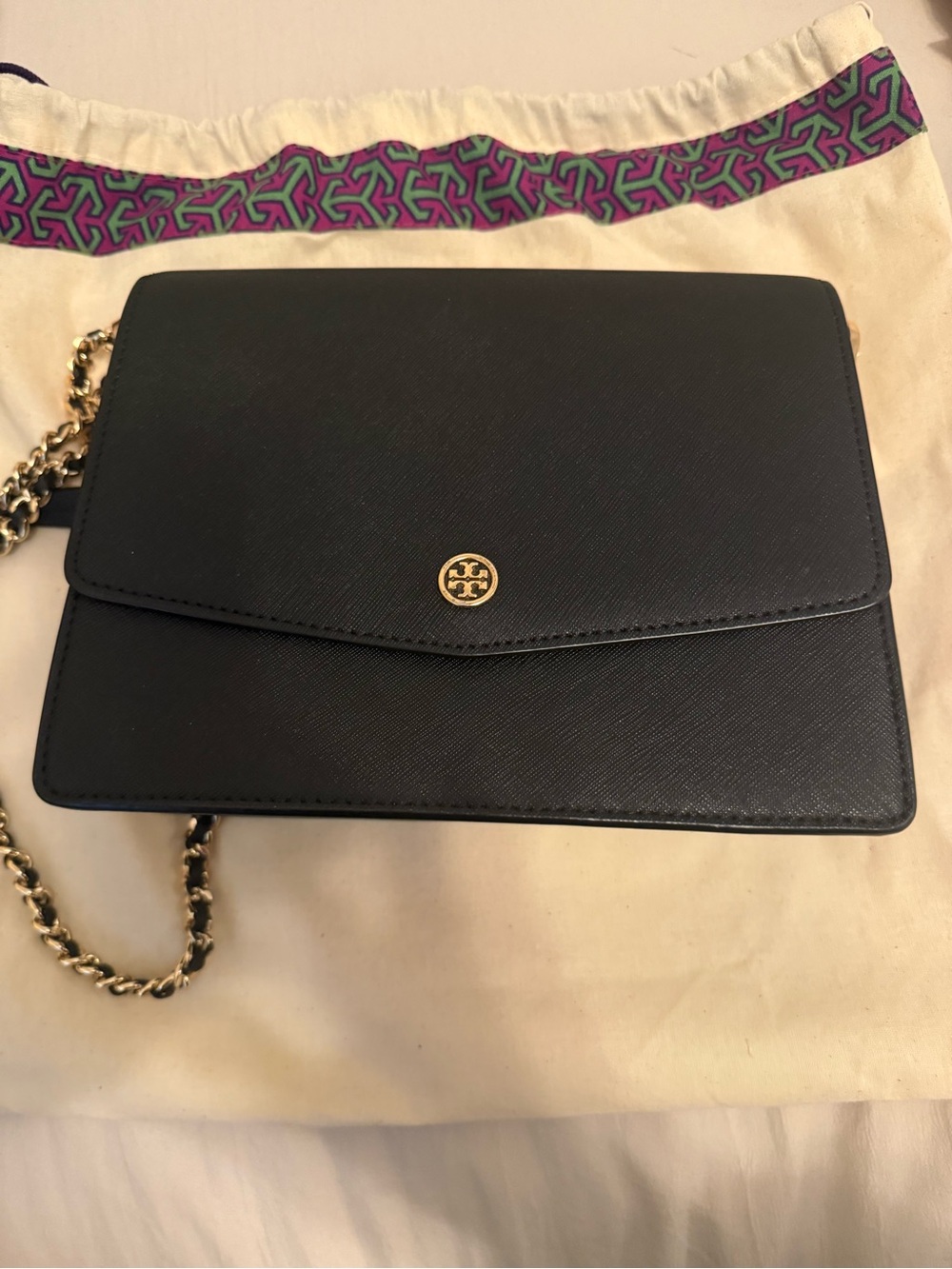 Tory Burch Black Leather Crossbody with Gold Chain